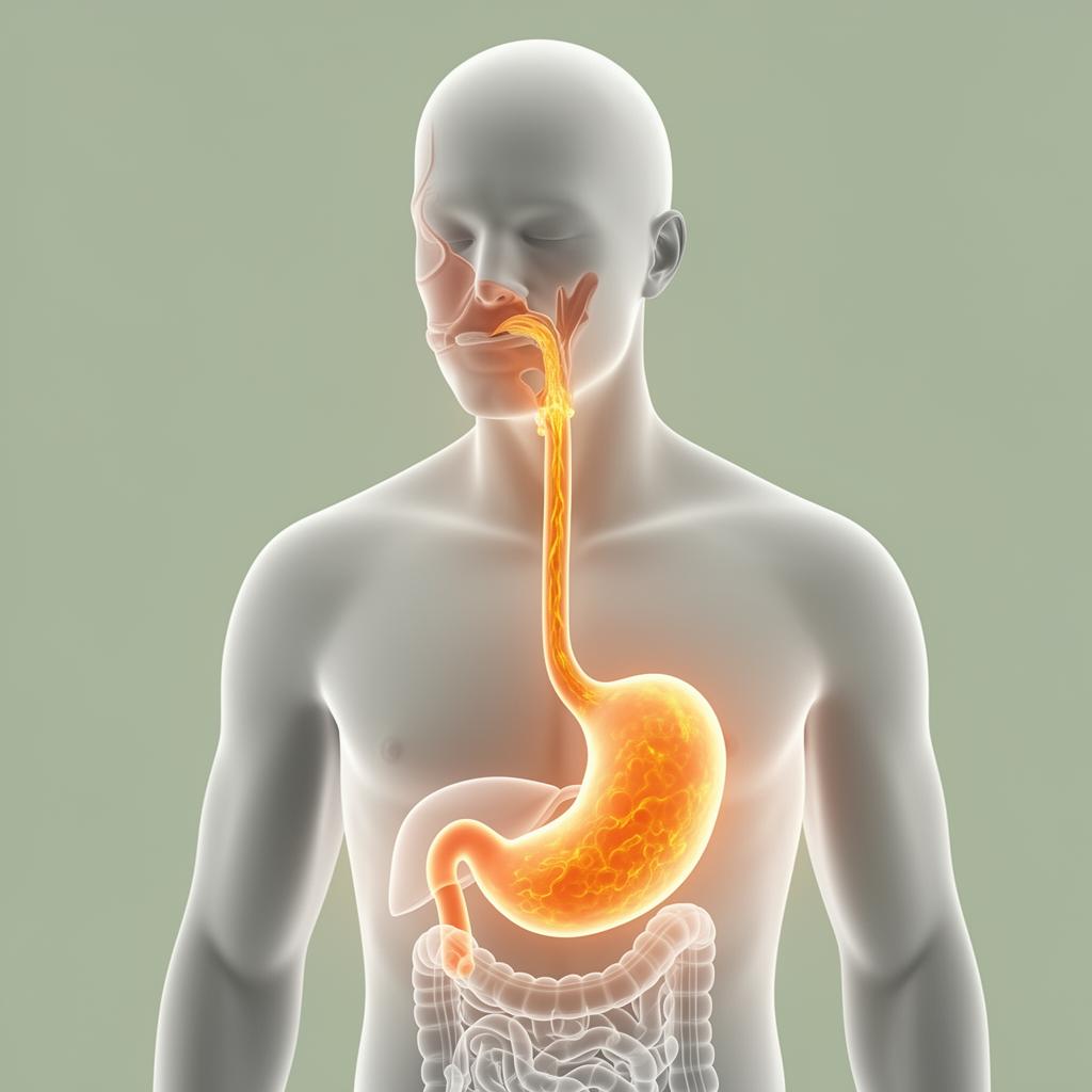 Medical illustration of the esophagus and stomach showing acid reflux, with clinical warm lighting on a clean background, no people