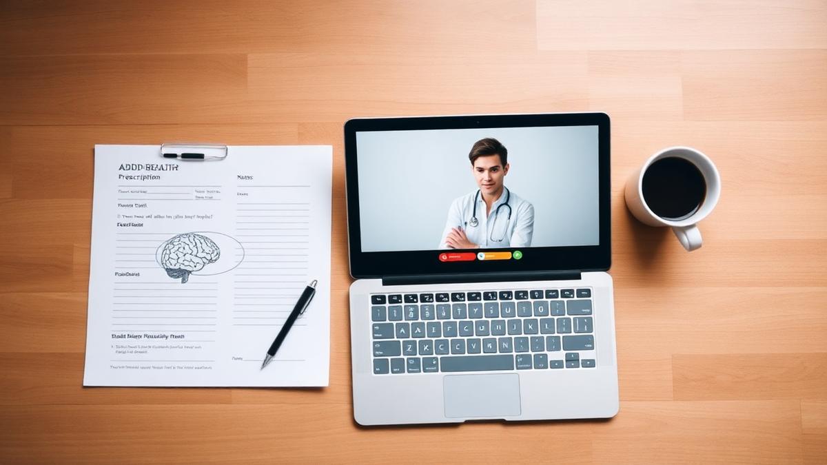 Telehealth ADHD evaluation setup showing a laptop with a secure video consultation, brain health assessment form, and prescription notepad — representing online ADHD diagnosis and treatment in Texas with Trinity Family Medicine