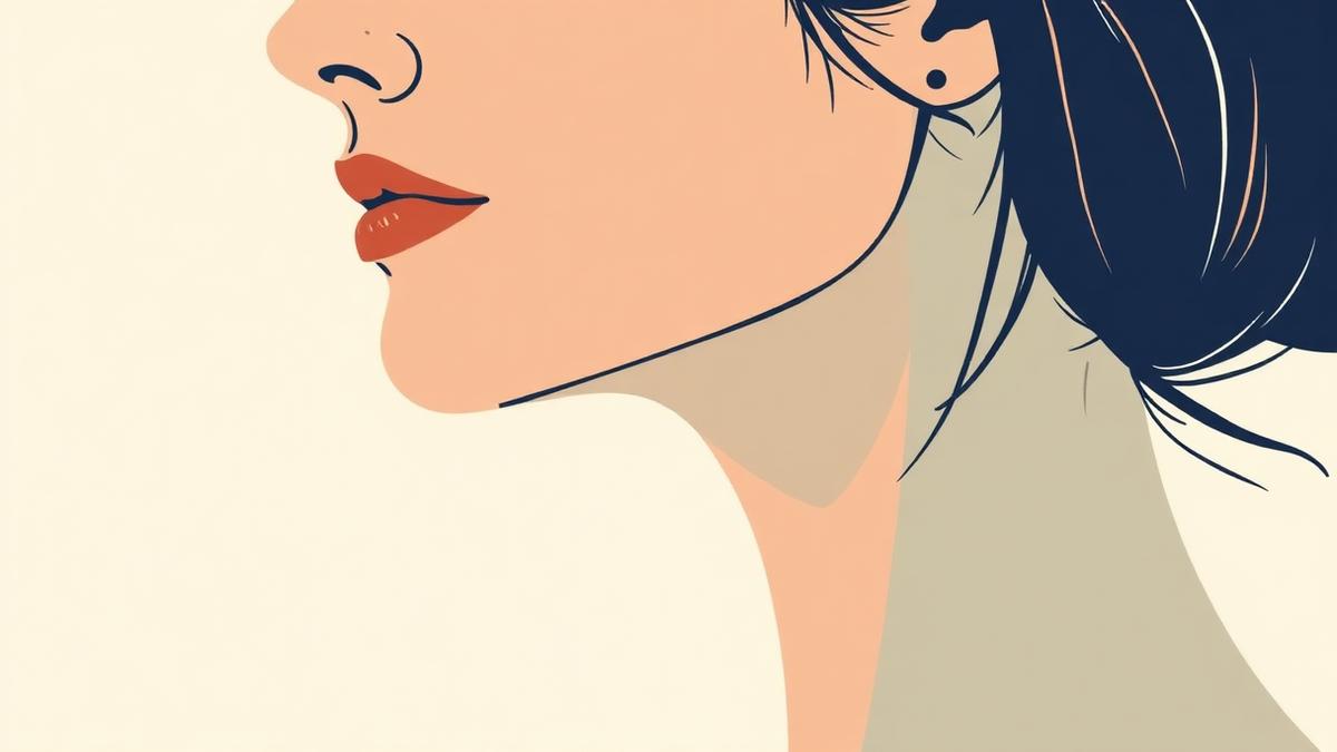Editorial illustration of an adult woman's lower face in profile highlighting the jawline and chin, the area where hormonal adult acne most often appears