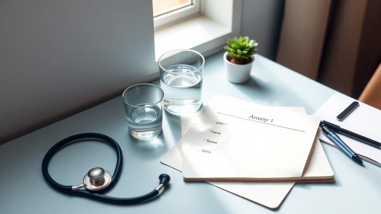 Calm clinical desk with stethoscope, GAD-7 anxiety screening questionnaire, water glass, and small plant — representing telehealth evaluation of anxiety disorders in Texas