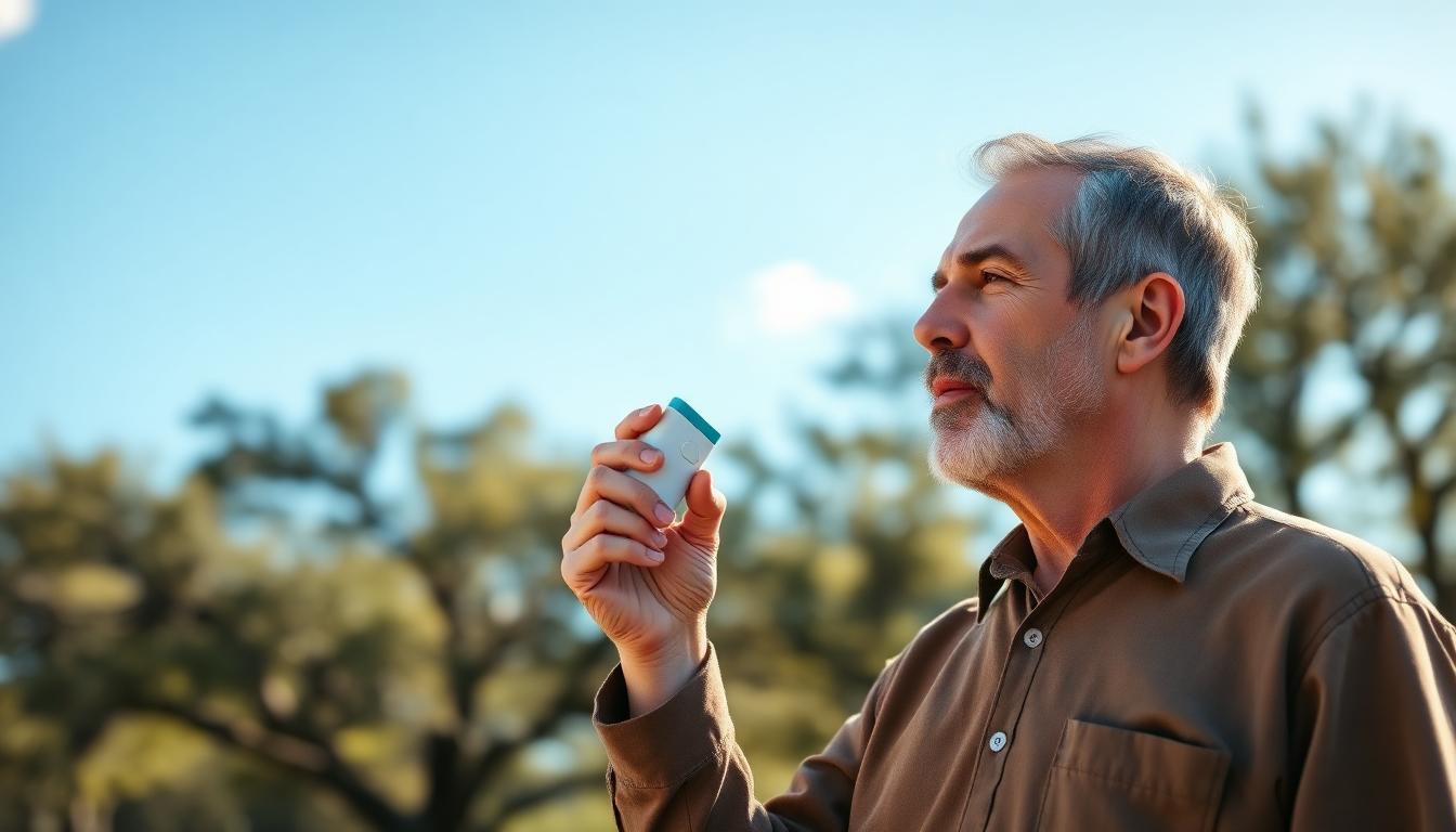 Adult using an asthma inhaler outdoors in Texas during allergy season, representing adult-onset asthma diagnosis, triggers, and modern treatment
