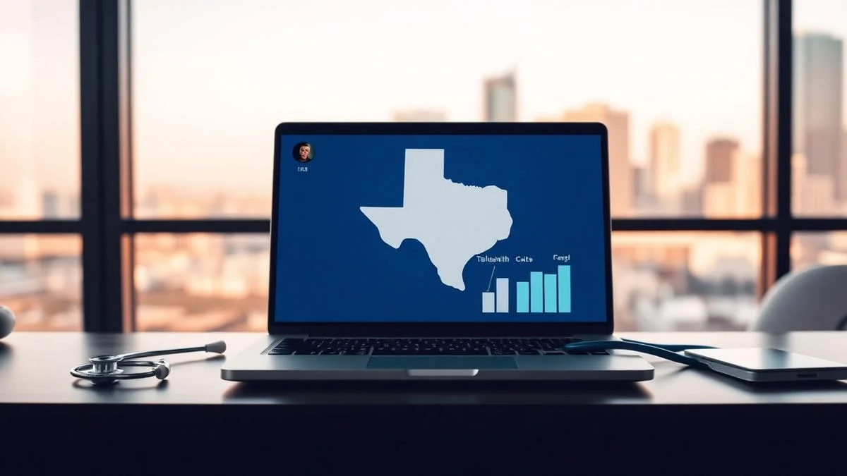 Medical desk with laptop showing a telehealth video call, Texas state outline, stethoscope, and price comparison chart in soft blue professional lighting