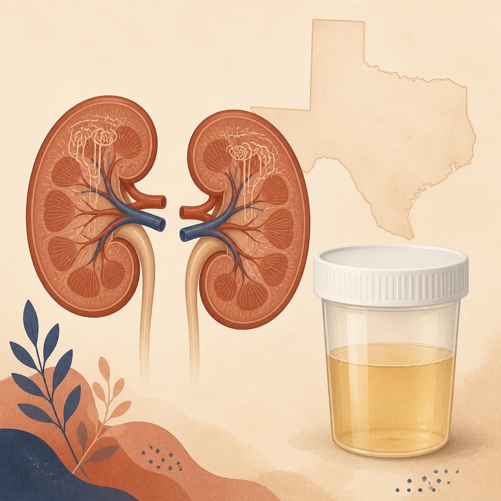 Illustration of two stylized kidneys with nephron filtration lines beside a labeled eGFR/uACR sample cup on a cream background with a subtle Texas outline