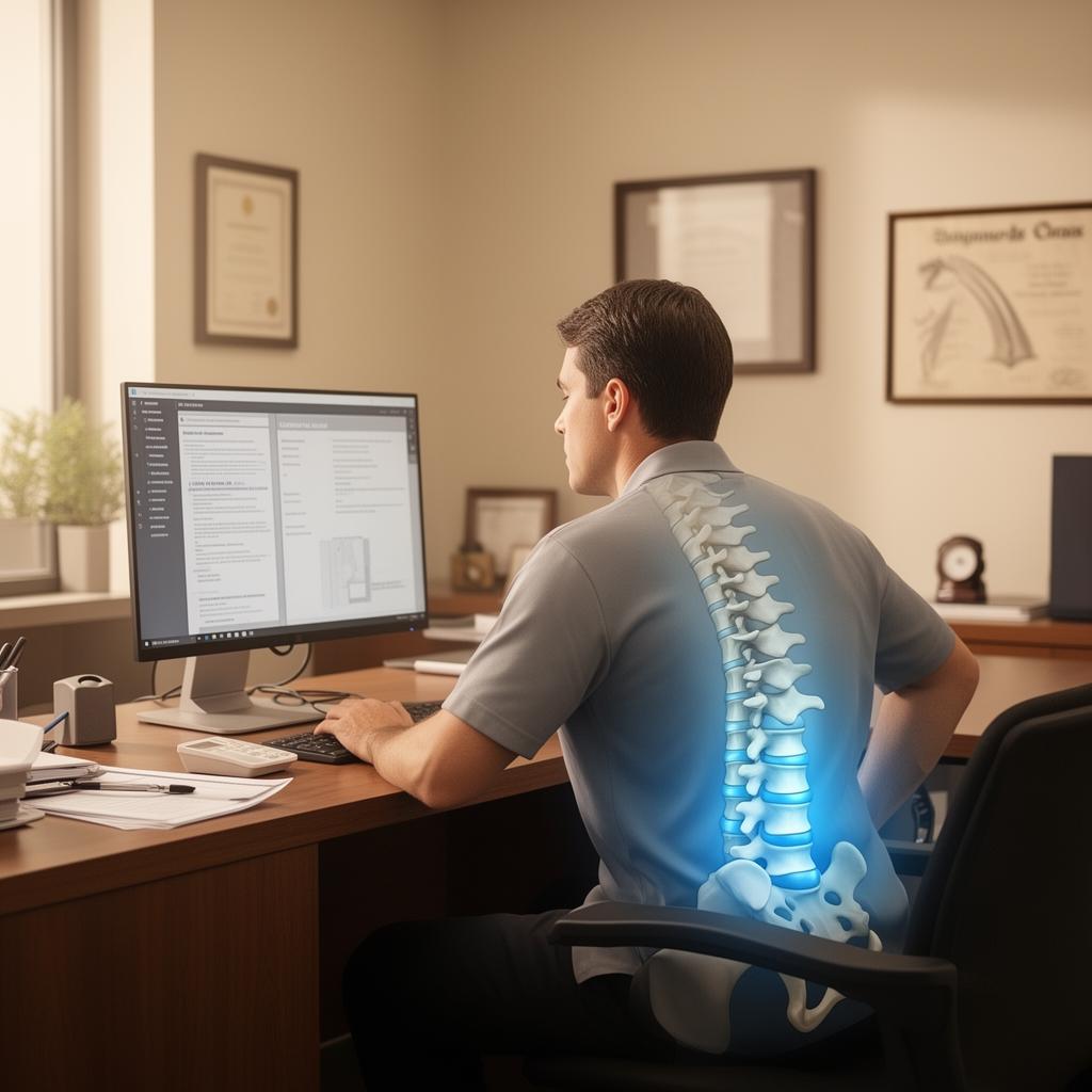 Person experiencing chronic lower back pain at a desk with anatomical spine overlay, illustrating lumbar pain causes and evidence-based treatment options from a Texas family physician