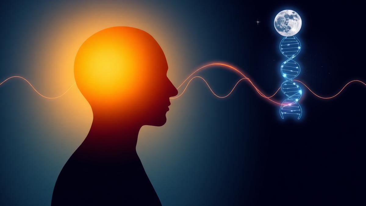 Medical illustration of human circadian rhythm with DNA repair, brain light receptors, and sunrise-moonrise cycle representing the 2026 chronotherapy protocol