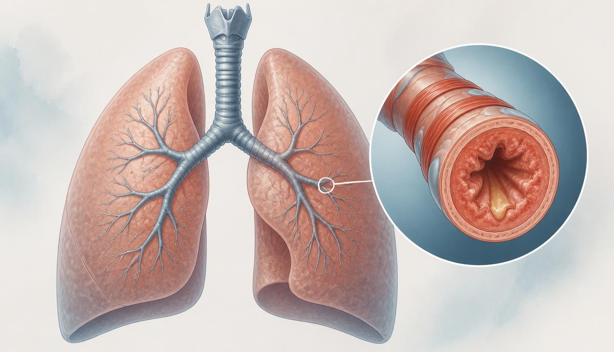Editorial medical illustration of human lungs and airways showing narrowed, inflamed bronchial tubes characteristic of chronic obstructive pulmonary disease