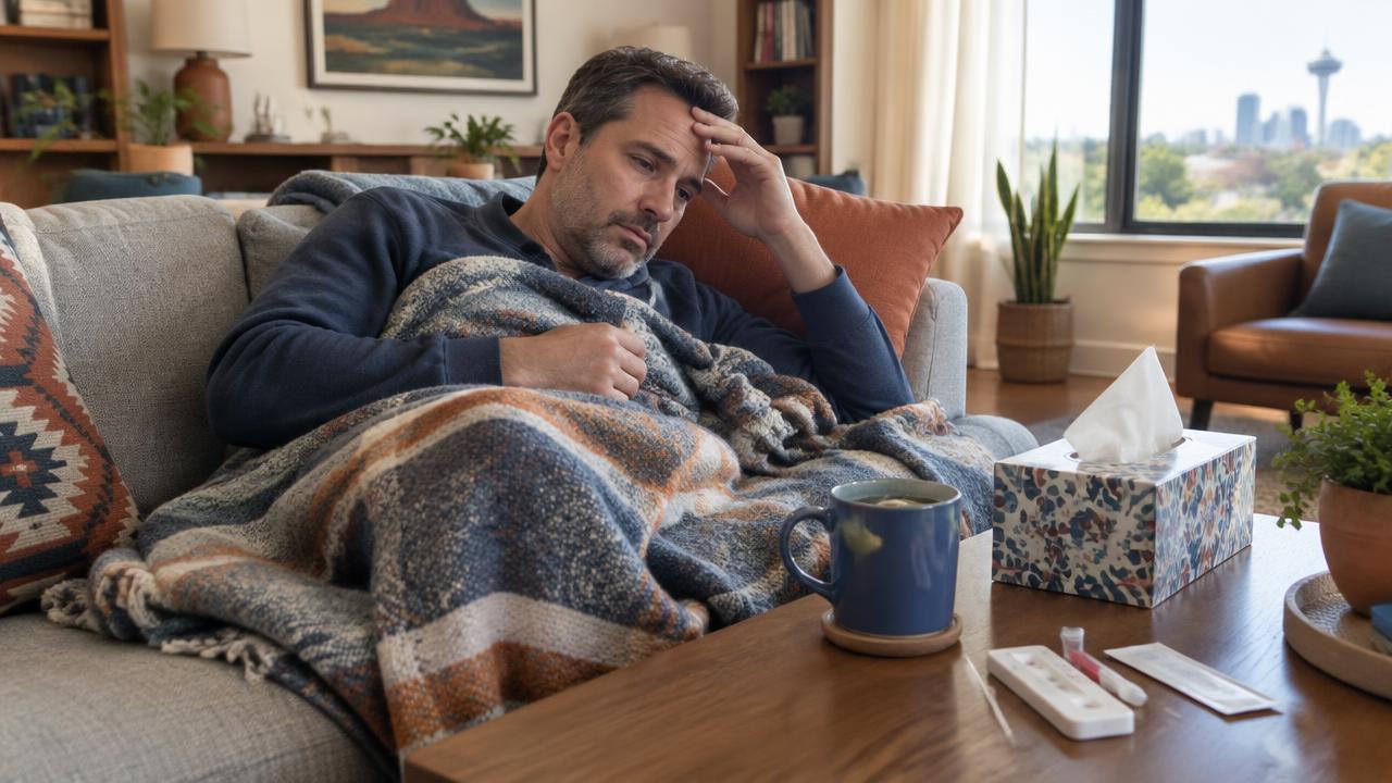 Adult man at home resting on a couch with a tissue and a home COVID-19 antigen test on the table, illustrating mild COVID-19 symptoms