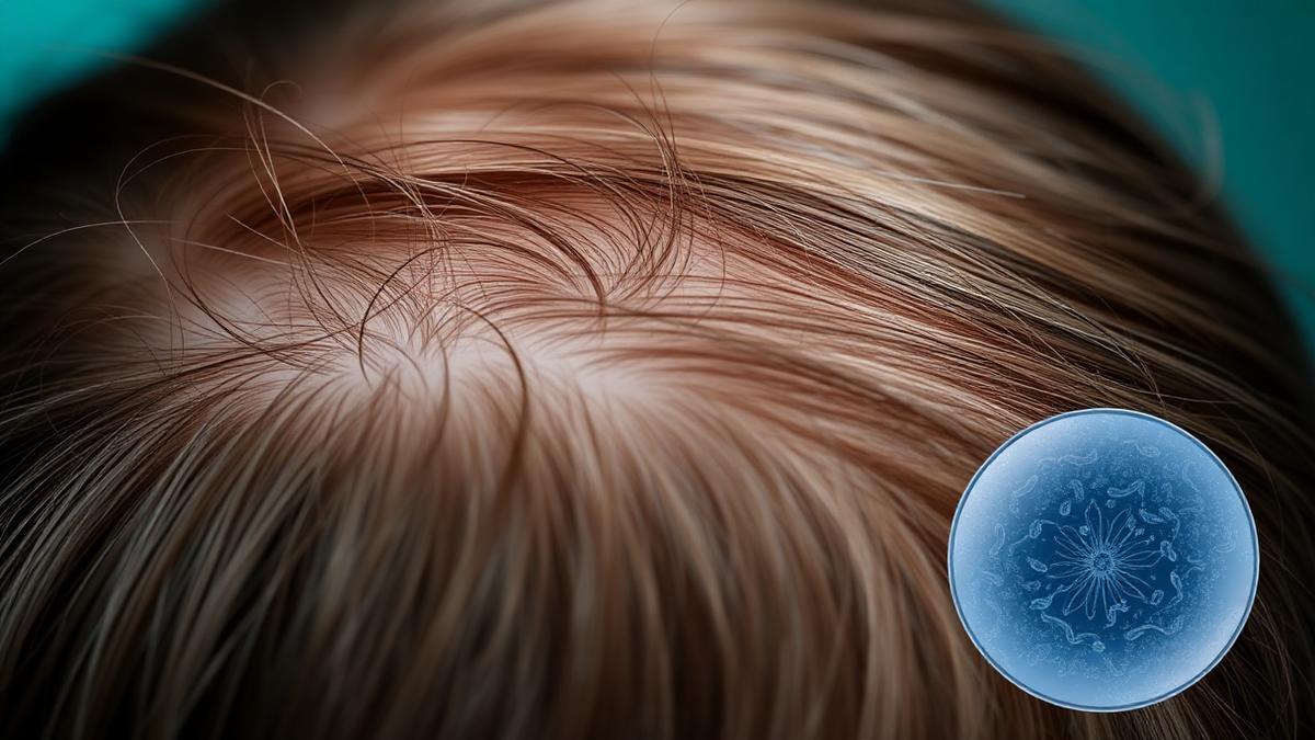 Close-up of a healthy scalp with microscopic view of scalp microbiome illustrating Malassezia yeast and biofilm formation for dandruff treatment article