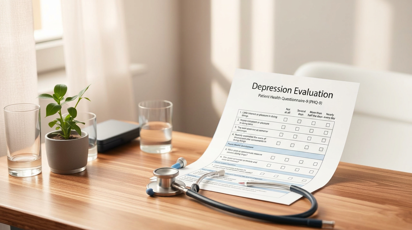 Calm clinical desk with PHQ-9 depression screening questionnaire, stethoscope, plant, and water glass — representing telehealth evaluation of depression in Texas