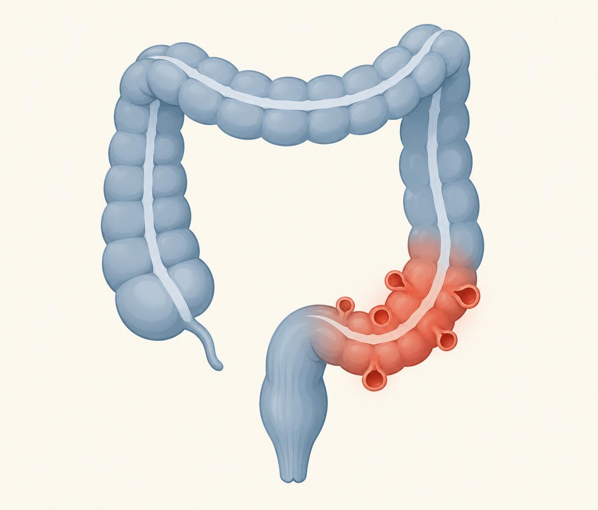 Illustration of the human colon with inflamed pouches (diverticula) highlighted, representing diverticulitis