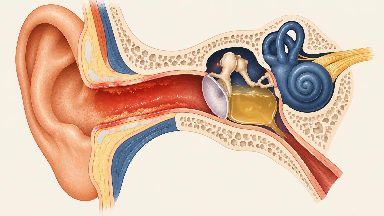 Medical illustration of the adult ear in cross-section comparing an inflamed outer ear canal (swimmer's ear) with fluid behind the eardrum in a middle-ear infection