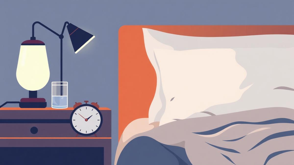 Calm medical editorial illustration representing men's urinary and prostate health, with a bedside lamp, glass of water, and clock suggesting nighttime urination