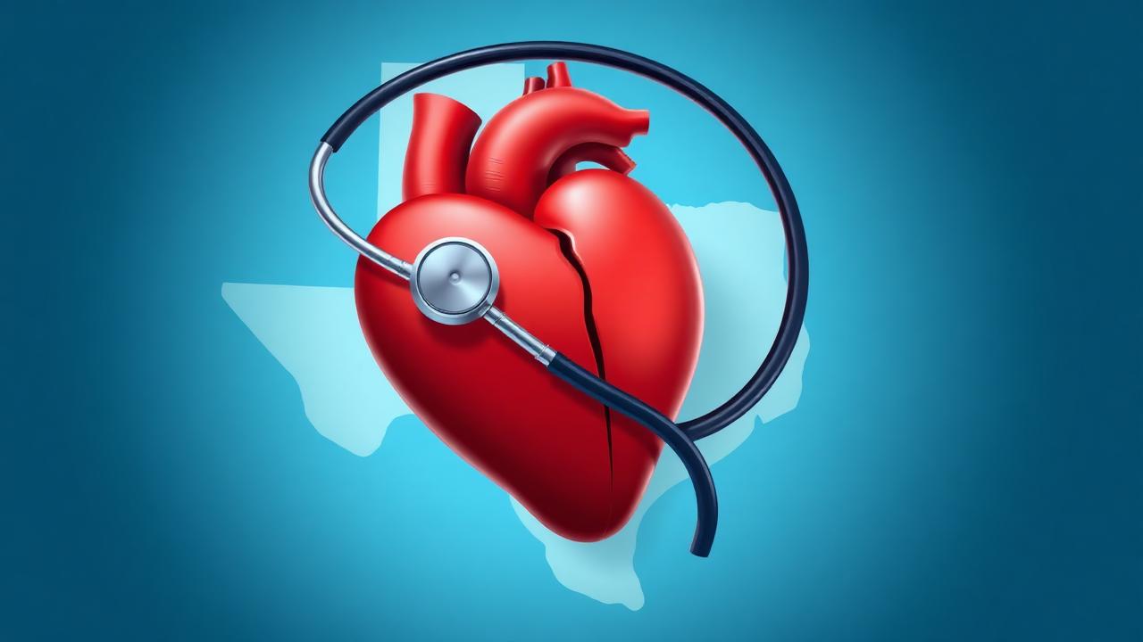 Anatomical heart wrapped in a stethoscope with the outline of Texas in the background, representing the connection between erectile dysfunction and cardiovascular health