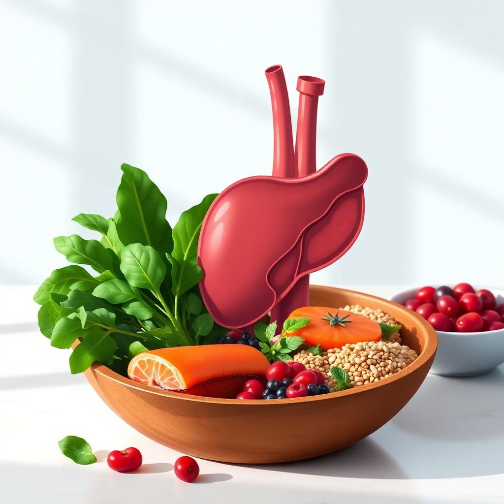 Illustration of a human liver alongside a wooden bowl of Mediterranean foods — leafy greens, olive oil, salmon, whole grains and berries — representing lifestyle treatment of fatty liver disease (MASLD)