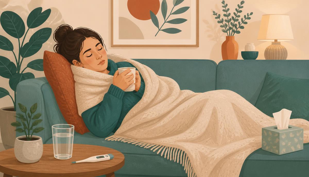 Editorial illustration of a person resting on a couch under a blanket with a thermometer and glass of water nearby, representing recovering from seasonal influenza at home