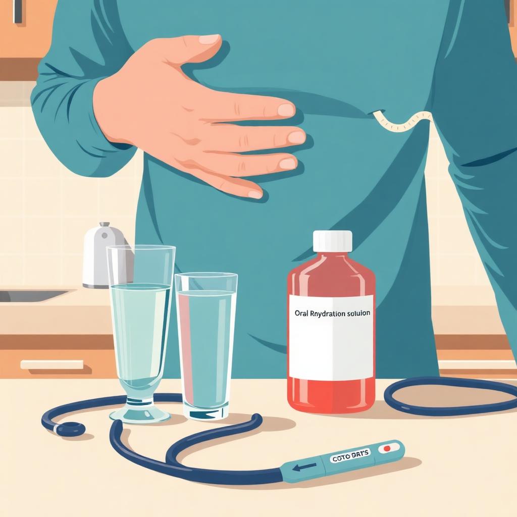 Person holding their stomach at a kitchen counter with a glass of water, oral rehydration solution, thermometer, and stethoscope representing telehealth care for food poisoning in Texas