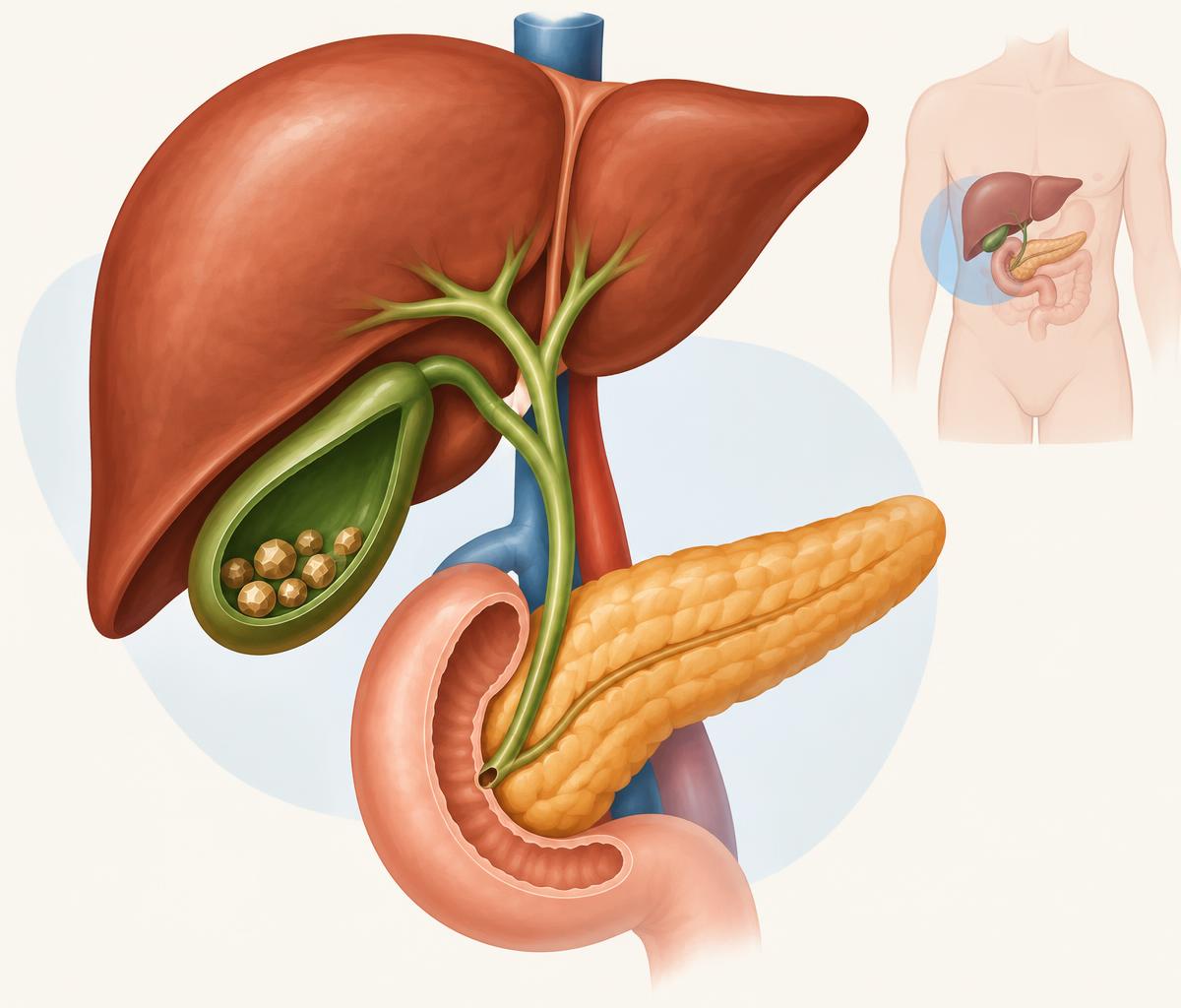 Illustration of the human gallbladder and bile ducts with gallstones highlighted, showing their position under the liver