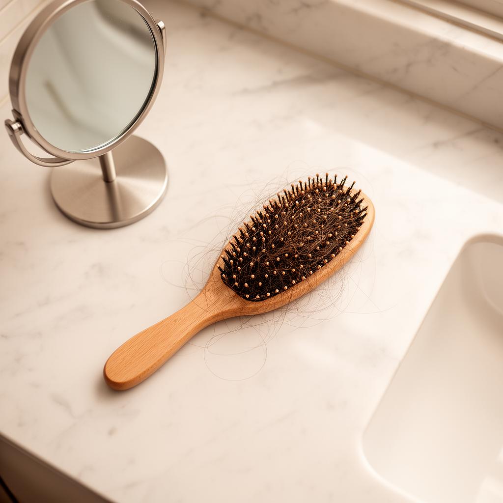 Medical flat lay with stethoscope, lab results, hairbrush, and vitamins on a white desk representing a physician-guided hair loss evaluation and treatment workup