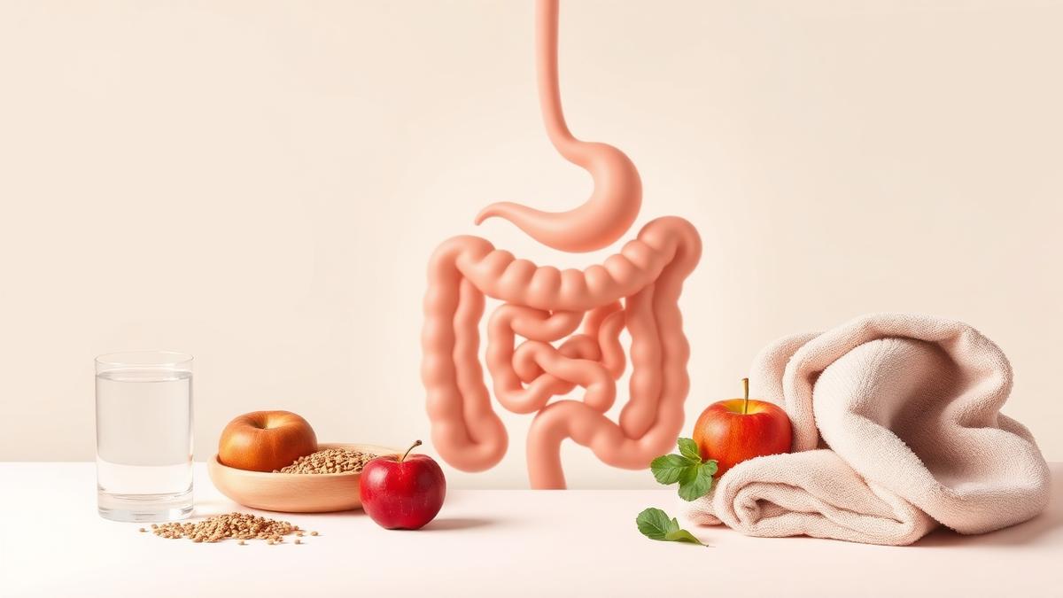 Calm medical editorial illustration of digestive health with a glass of water, high-fiber foods, and a warm towel, representing hemorrhoid prevention and treatment