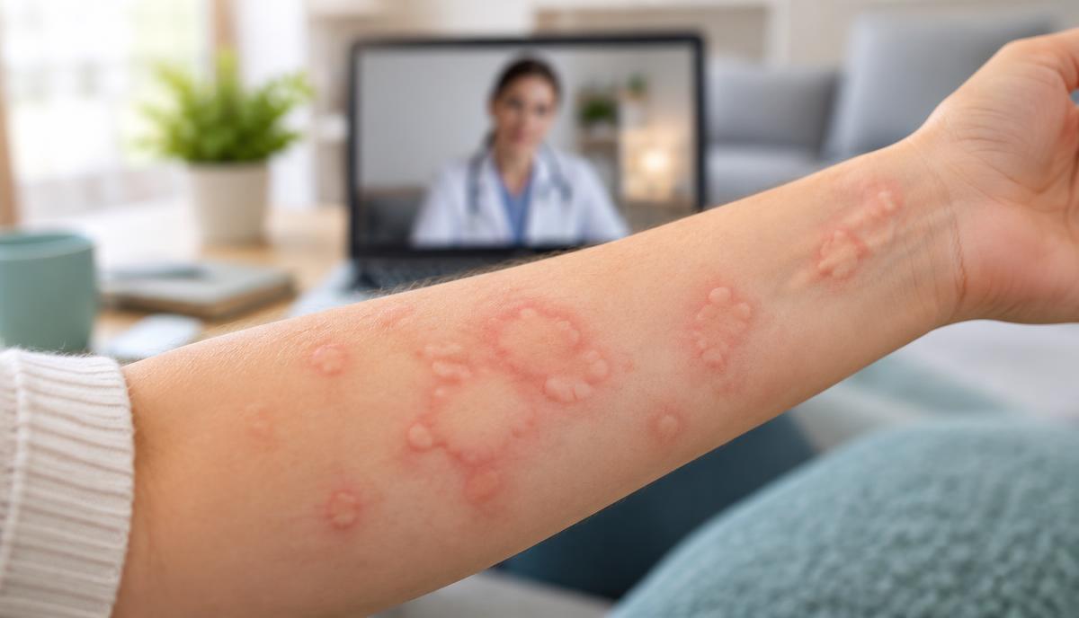 Close-up of raised red itchy welts (hives) on a person's forearm during a telehealth consultation with a physician
