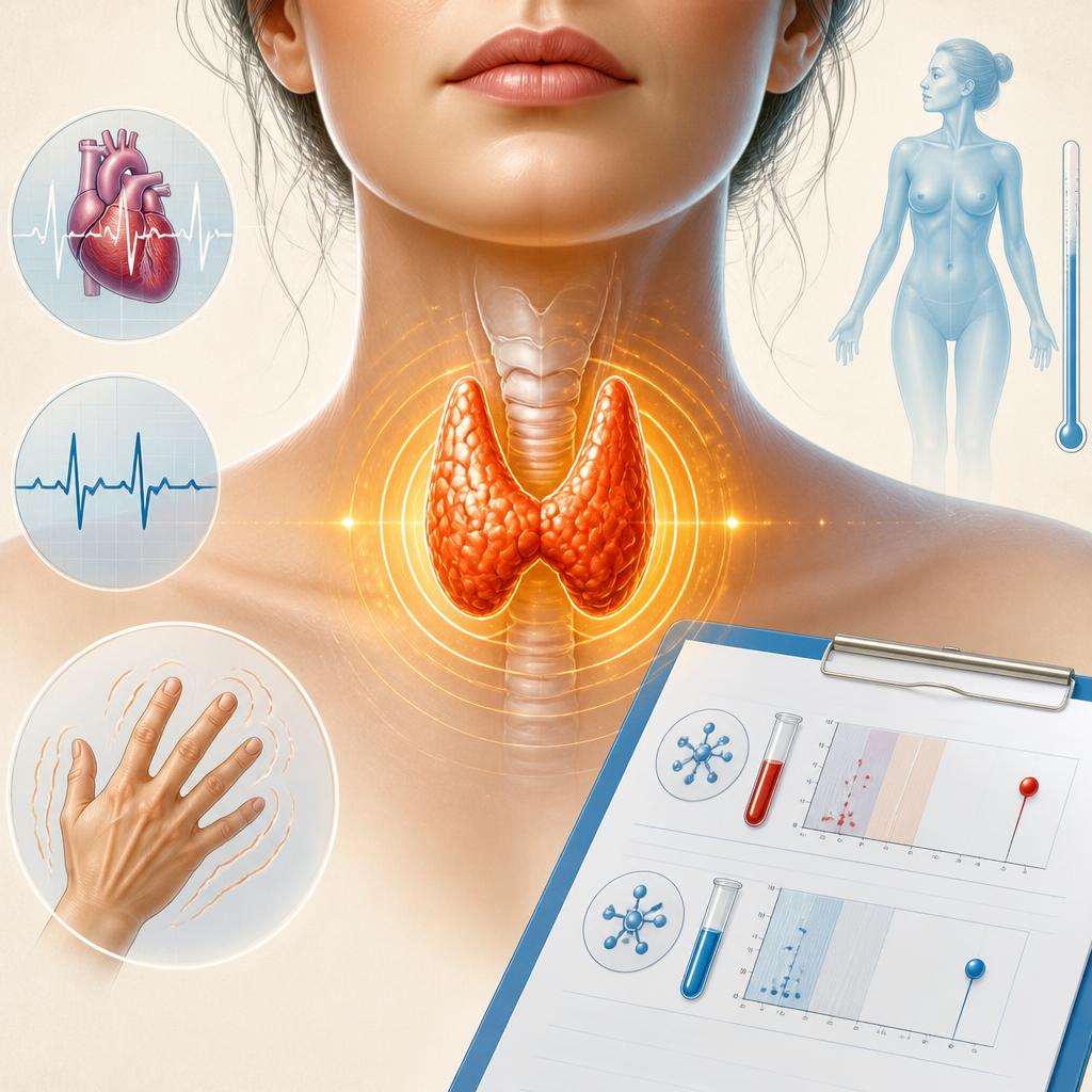 Medical illustration of an overactive thyroid gland at the base of the neck with radiating energy waves, heart rhythm symbols, and a lab report showing TSH and free T4
