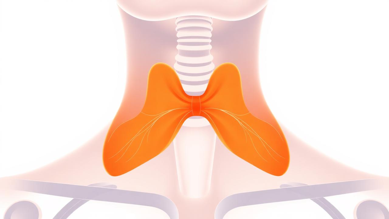 Anatomical illustration of the human thyroid gland — a butterfly-shaped endocrine gland at the base of the neck — representing hypothyroidism evaluation, TSH testing, and levothyroxine treatment via telehealth in Texas