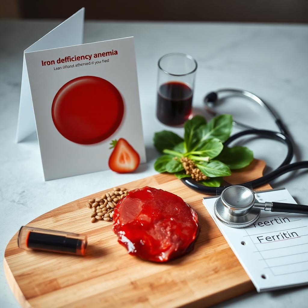 Clinical still life with red blood cell illustration, spinach, lean red meat, a vial of blood, a stethoscope, and a notepad labeled Ferritin representing iron deficiency anemia evaluation