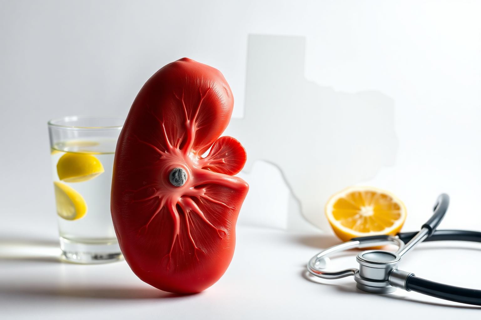 Anatomical kidney model with a visible stone, glass of lemon water, stethoscope, and Texas state outline representing kidney stone evaluation and prevention via telehealth in Texas