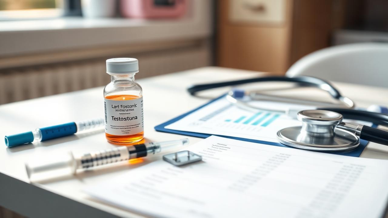 Testosterone vial, syringe, stethoscope, and lab results on a clinician's desk representing testosterone replacement therapy evaluation and men's health telehealth in Texas