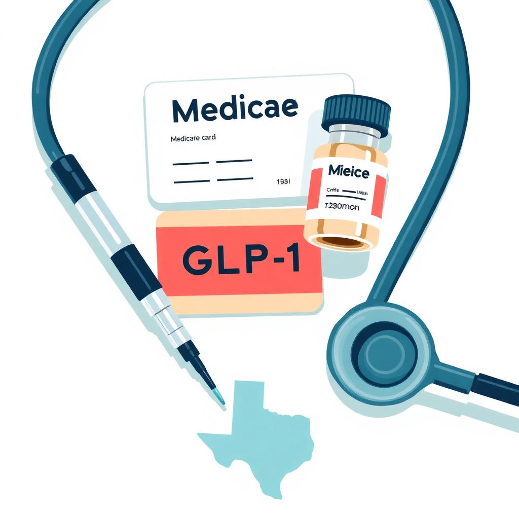 Editorial medical illustration of a Medicare card, GLP-1 injection pen, medication bottle, stethoscope, and Texas state outline representing the Medicare GLP-1 Bridge $50 weight loss program