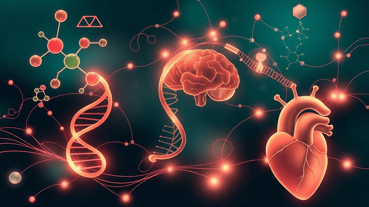 Medical illustration of hormone molecules, brain neural pathways, DNA helix, and heart representing the 2026 science-backed comeback of menopausal hormone therapy