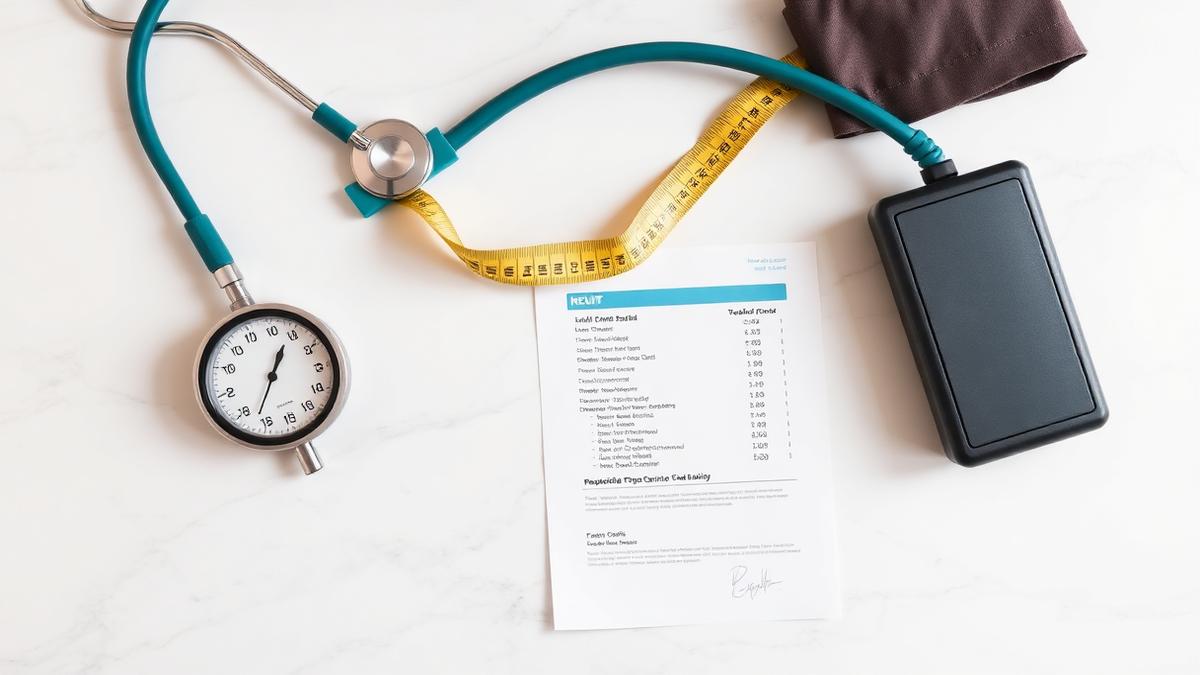 Metabolic syndrome screening tools including a stethoscope, blood pressure monitor, tape measure, and lab results on a clinical surface — representing metabolic health evaluation at Trinity Family Medicine in Texas