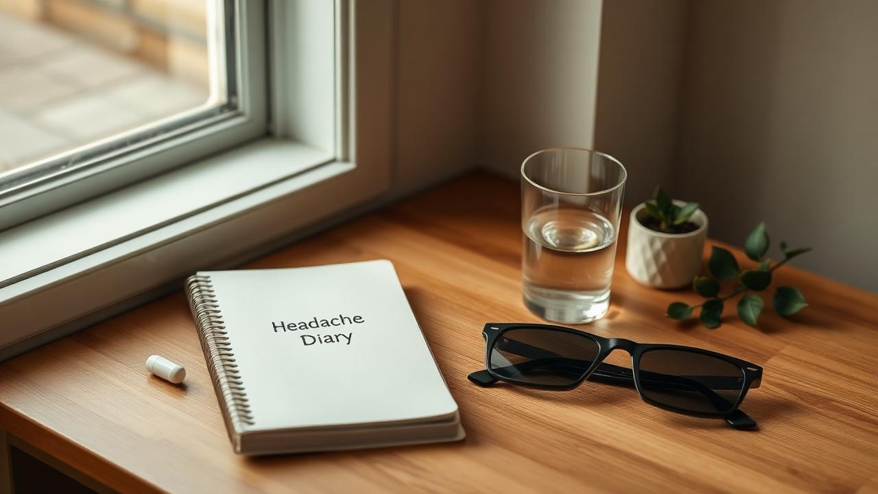 Quiet desk by a window with a headache diary, glass of water, sunglasses, and a small plant — representing migraine evaluation and prevention via Texas telehealth