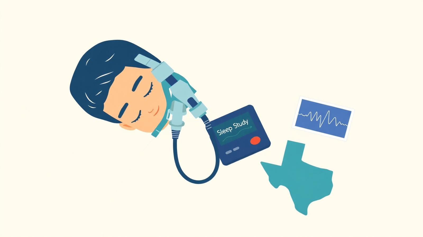 Illustration of a person sleeping with a modern nasal CPAP mask beside a portable sleep study monitor, waveform readout, and a Texas state cutout on a cream background