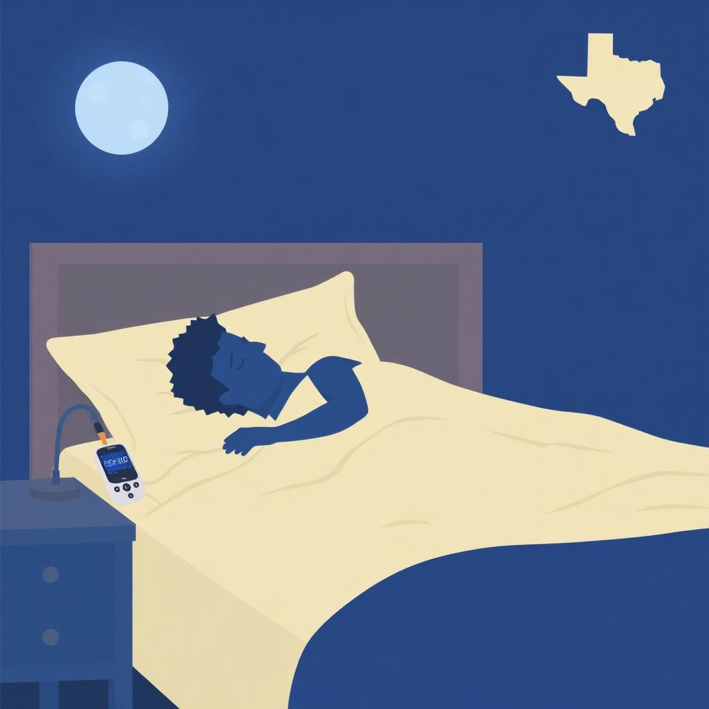 Editorial illustration of an adult sleeping peacefully at night beside a portable home sleep apnea test device, with a subtle Texas outline in the corner