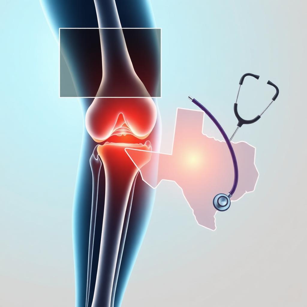 Medical illustration of an osteoarthritic knee joint showing cartilage breakdown and bone spurs, with an X-ray overlay and stethoscope representing telehealth care in Texas