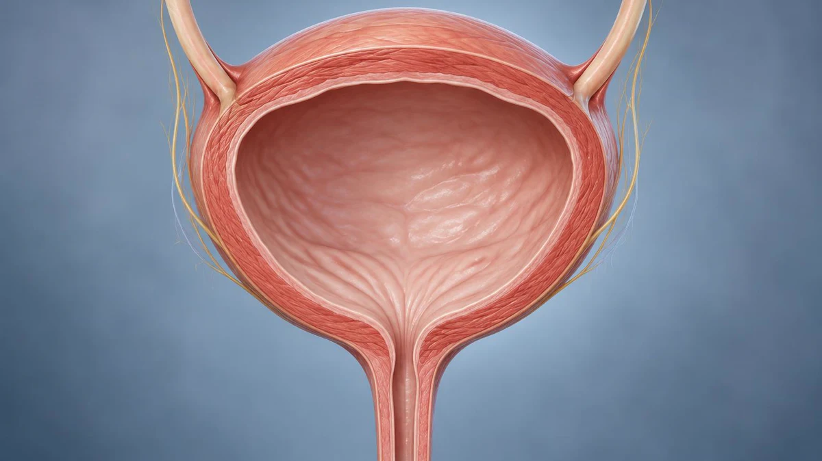 Medical cutaway illustration of the urinary bladder showing the muscular detrusor wall, ureters, urethra, and surrounding nerve fibers involved in bladder control