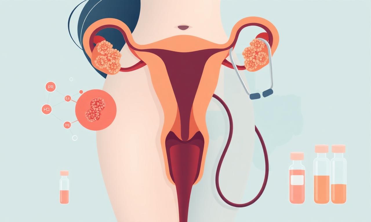 Editorial medical illustration of female reproductive anatomy with ovarian follicles, hormone molecule icons, stethoscope, lab tubes, and Texas state outline representing PCOS / PMOS telehealth care in Texas