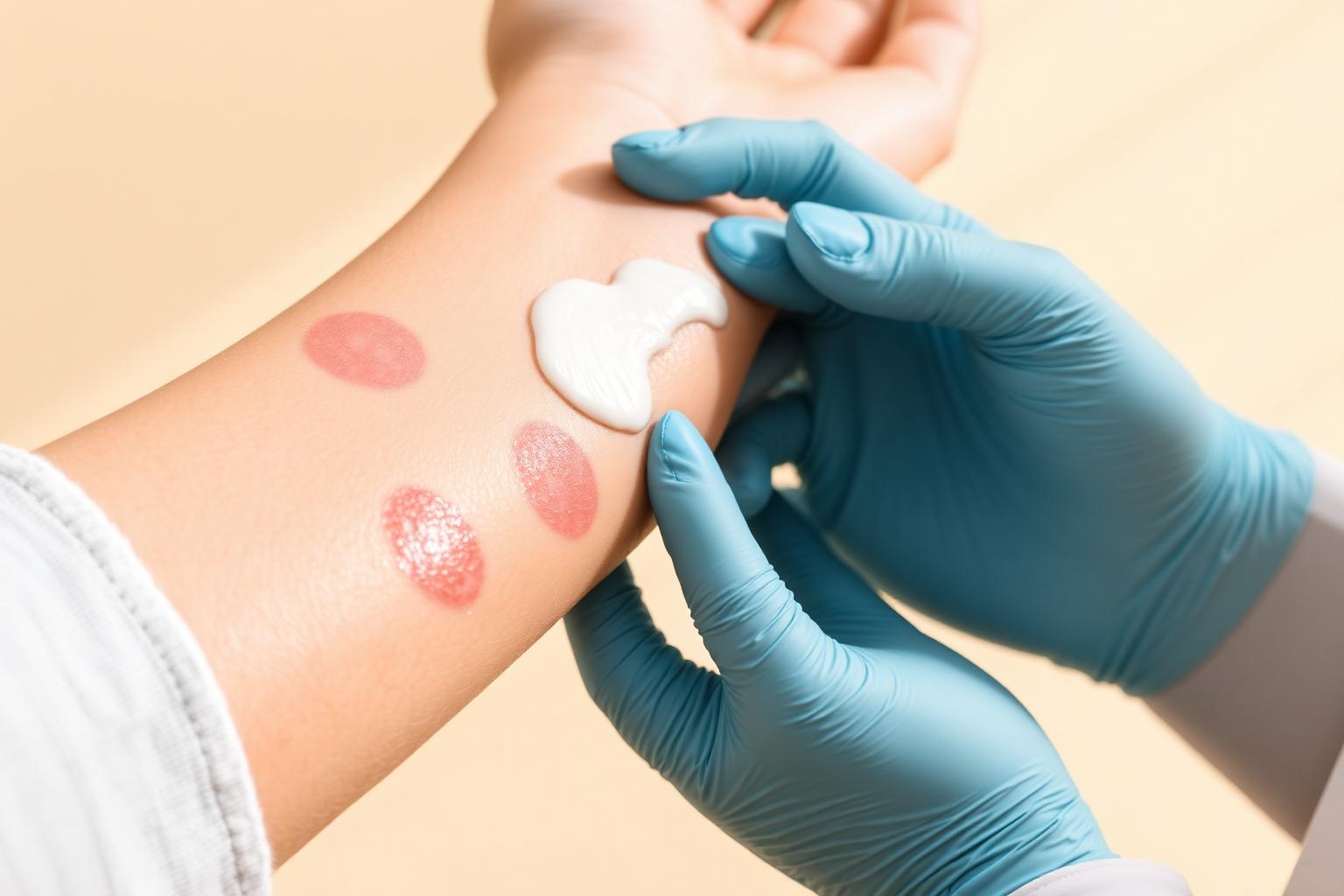 Clinician wearing blue gloves applying topical treatment to psoriasis plaques on a patient's forearm, representing family medicine and telehealth care for psoriasis in Texas