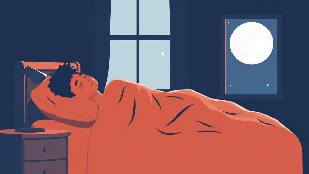 Illustration of a person lying awake in bed at night with their legs restlessly shifting under the covers, representing restless legs syndrome, in a calm muted medical editorial style