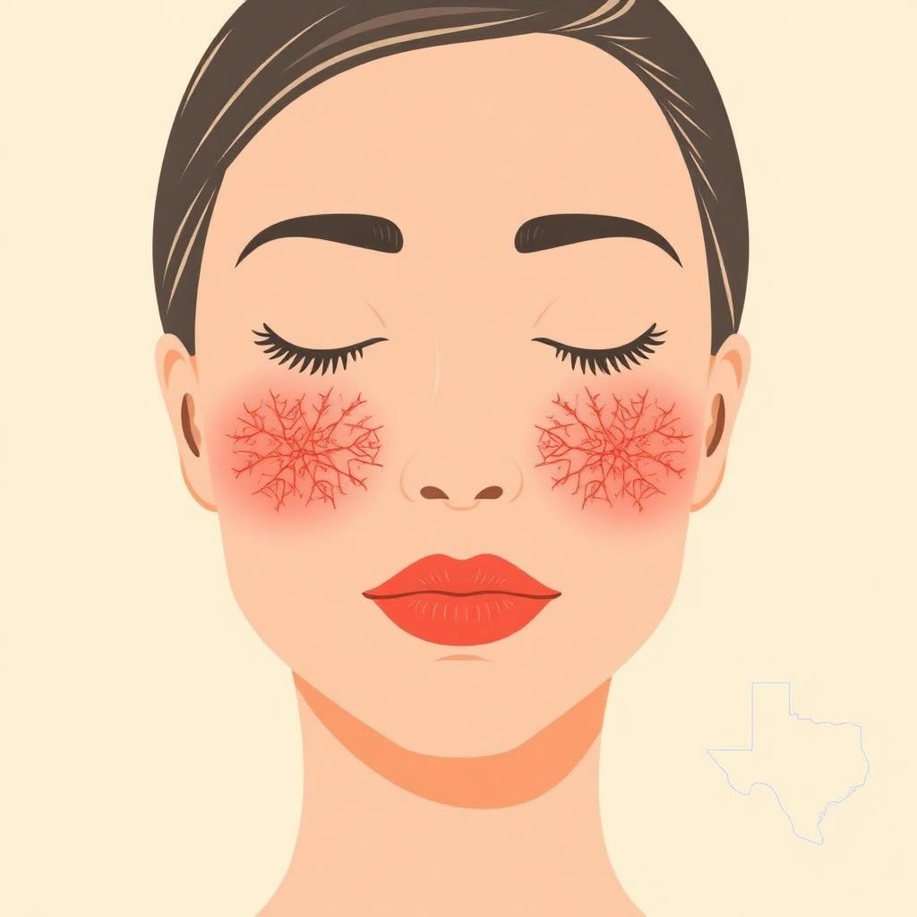 Close-up illustration of a face showing persistent central redness across the cheeks, nose, and chin representing rosacea, with a soft cream background and subtle Texas outline