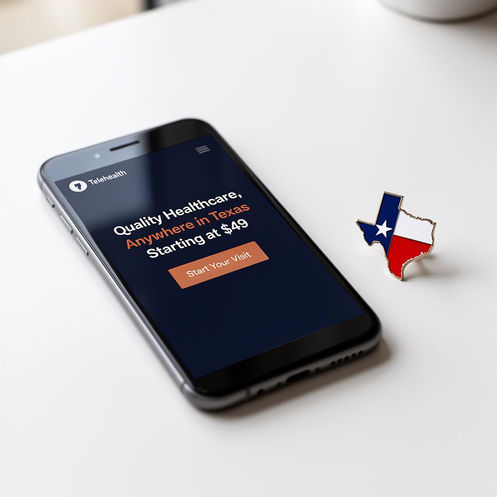 Smartphone showing a telehealth consultation interface on a wooden desk with a Texas flag pin, representing online semaglutide prescriptions in Texas