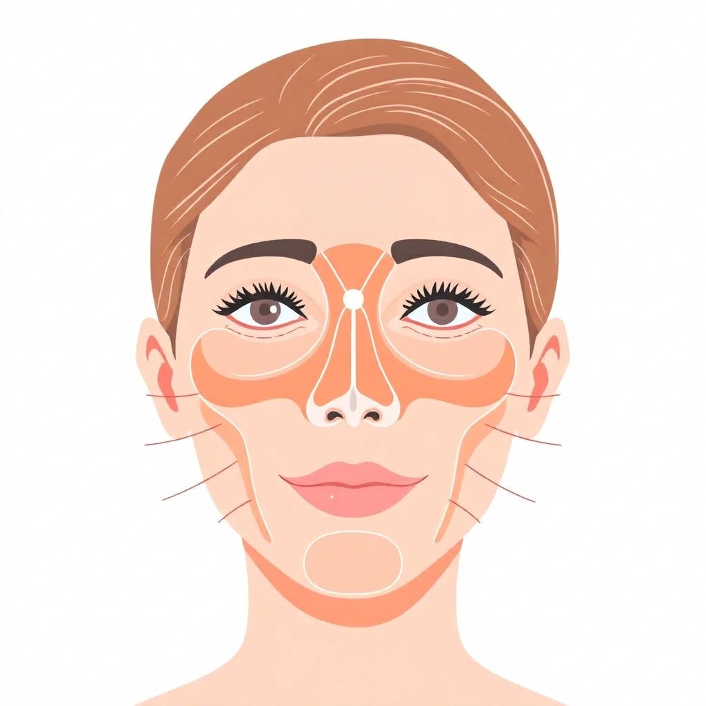 Medical editorial illustration of facial sinus anatomy with gentle blue and warm tones, representing sinus pressure, congestion, and telehealth evaluation