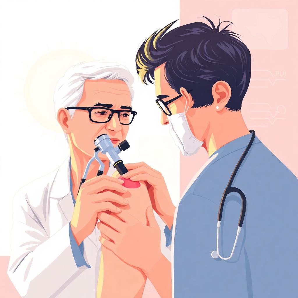 Texas physician using a dermatoscope to examine a suspicious mole on a patient's shoulder during a skin cancer screening — illustrating the ABCDE rule and ugly duckling sign for melanoma detection