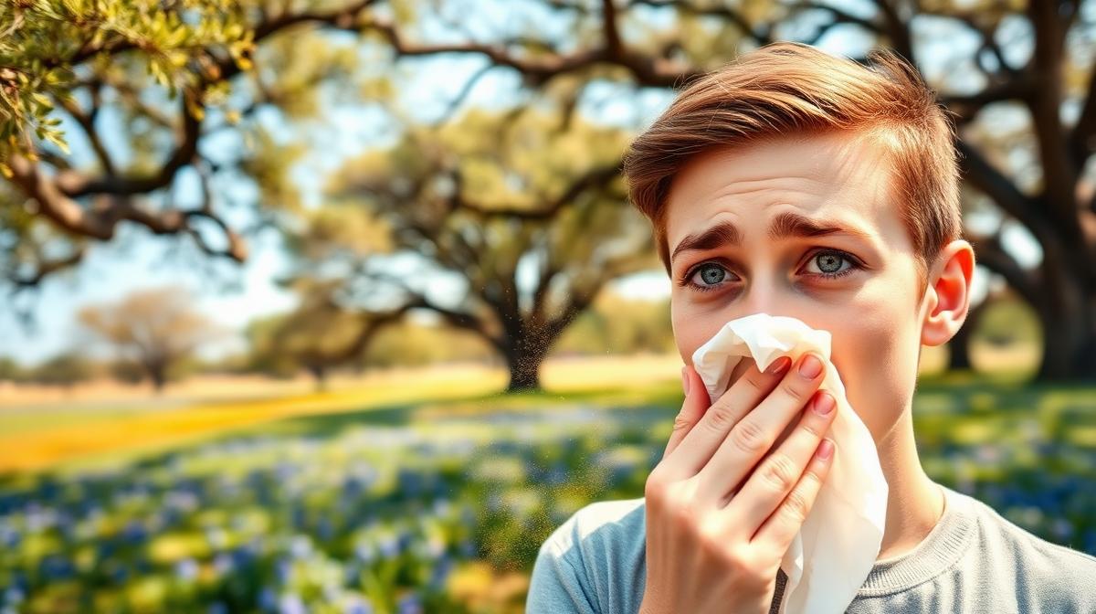 Person suffering from spring allergies outdoors in Texas with oak trees and pollen in the air, holding tissue, representing seasonal allergic rhinitis during oak pollen season