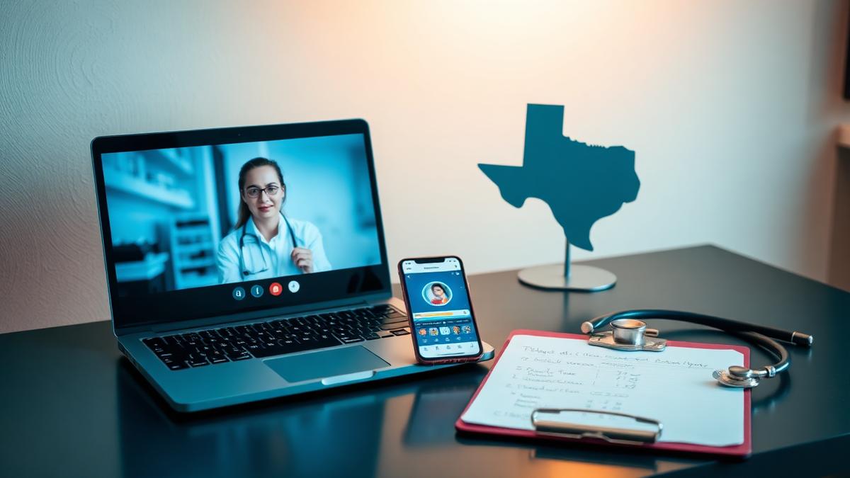 Professional medical desk with laptop showing telehealth video call, smartphone with health app, Texas state outline, stethoscope, and price comparison notes in warm clinical lighting