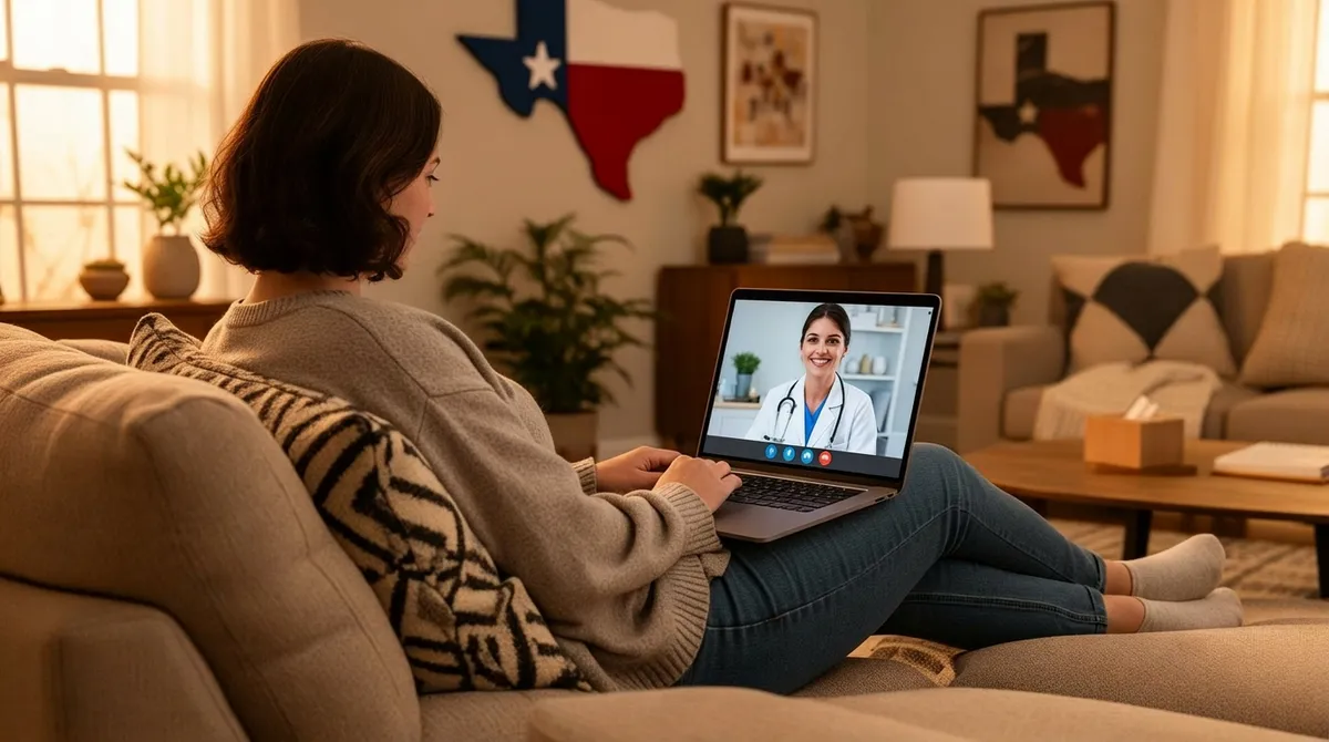 Patient using telehealth services from home in Texas on a phone video call with Dr Casey Dean, board-certified physician, for common ailments like flu, cough, sore throat, and refills