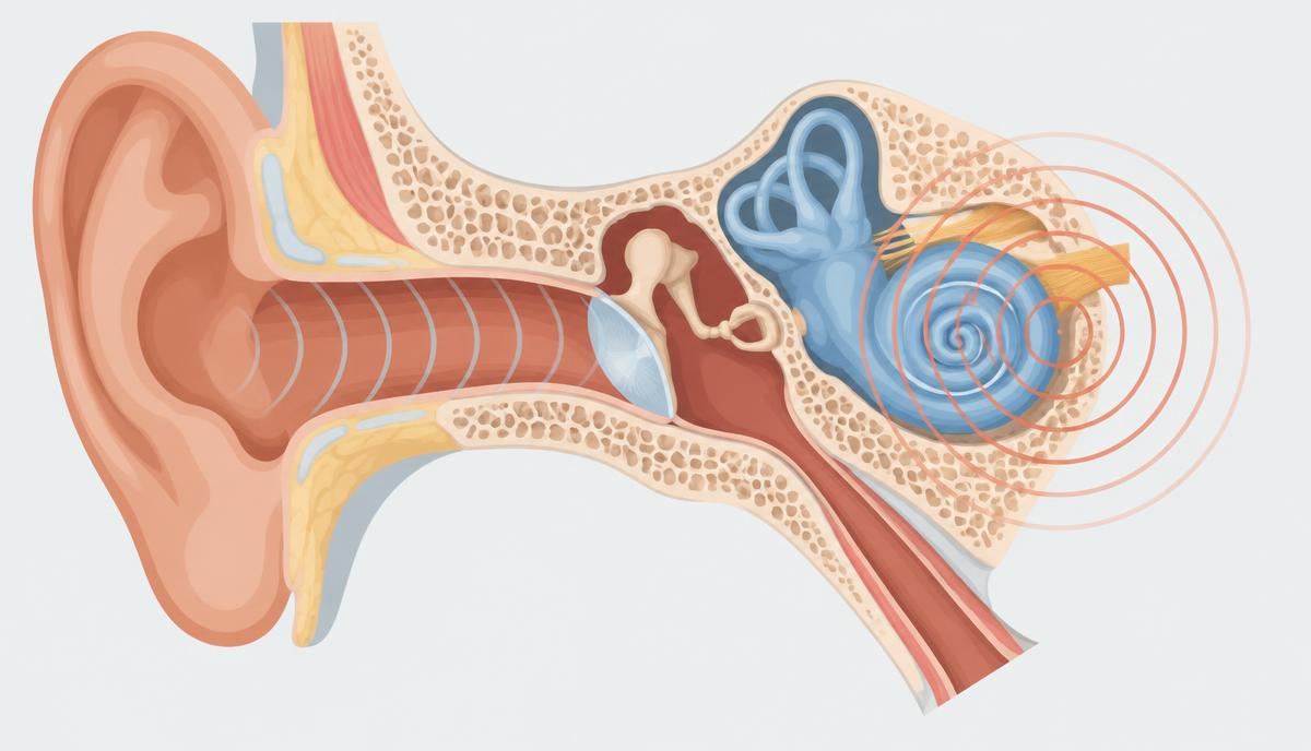 Medical illustration of the human ear and auditory pathway showing the inner ear structures involved in tinnitus and ringing in the ears