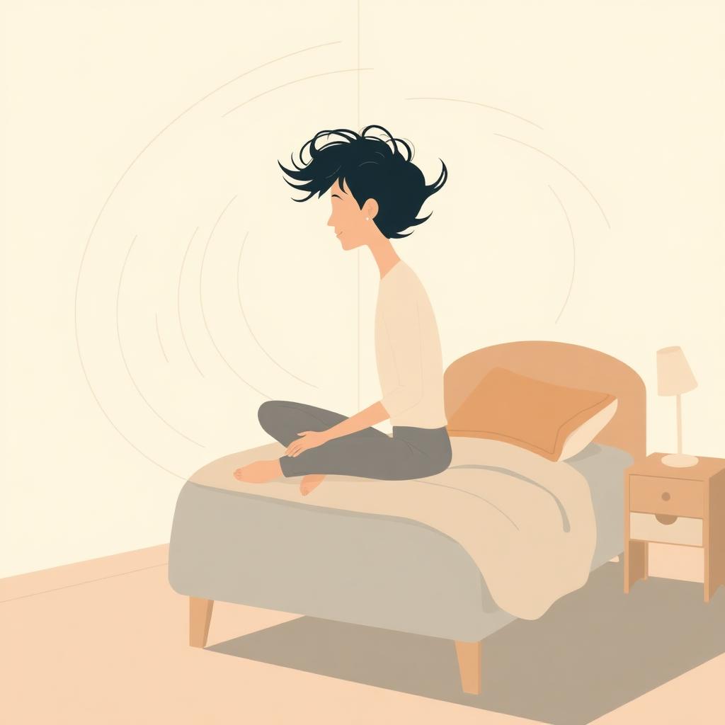 Illustration of a person sitting on the edge of a bed with the room subtly tilting and spinning around them, representing the sensation of vertigo, with a calm neutral background