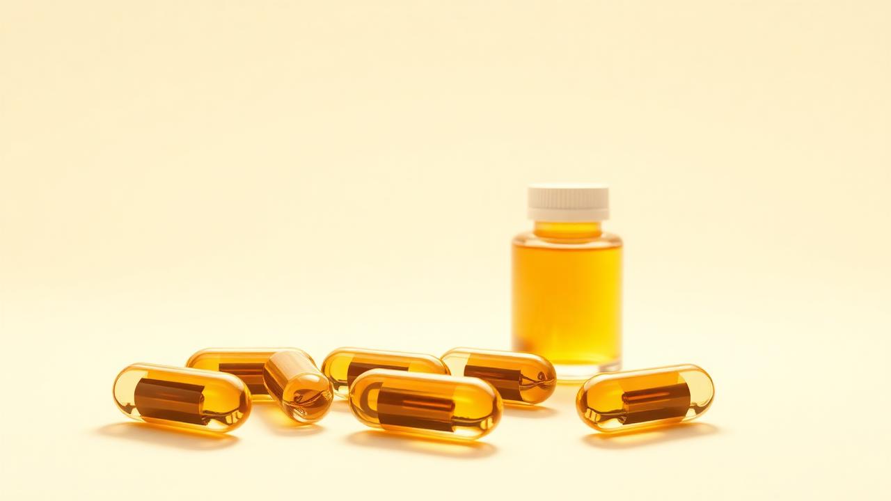 Vitamin D3 cholecalciferol soft gel capsules and supplement bottle on a warm sunlit background — representing the sunshine vitamin, 25-hydroxyvitamin D blood testing, and treatment of vitamin D deficiency via telehealth in Texas